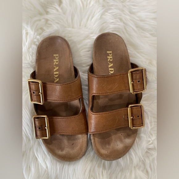 Prada Shoes - Ecru Suede Double Buckle Slide Sandal